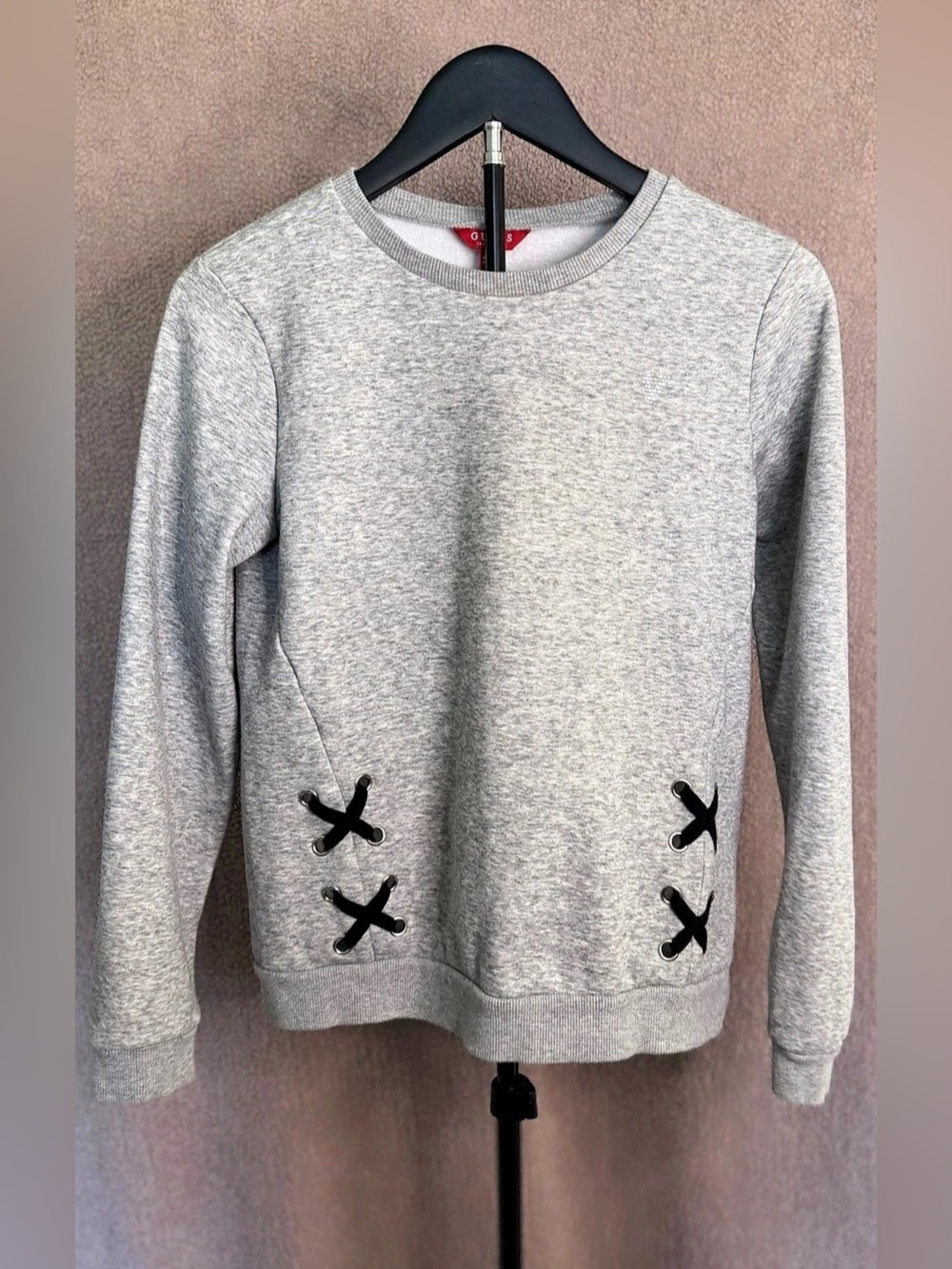 GUESS Gray Lace Up Grommet Sweatshirt Rhinestone Logo Size 14